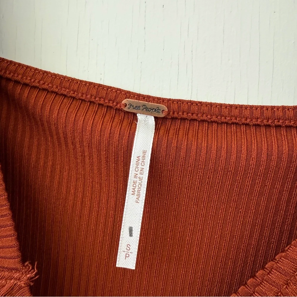 Free People It Girl Square Neck Puff Sleeve Top Long Sleeve Ribbed Rust Orange
